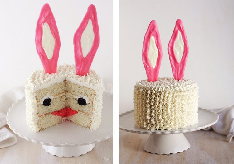 white cake with bunny face inside