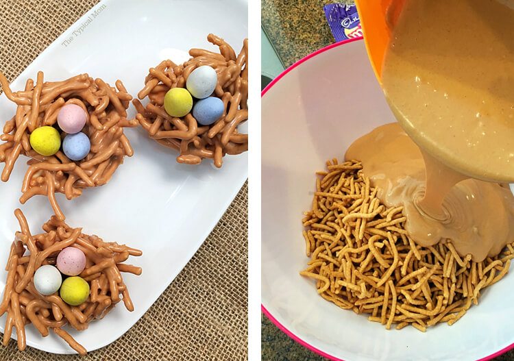 butterscotch-coated chow mein noodles with candy inside