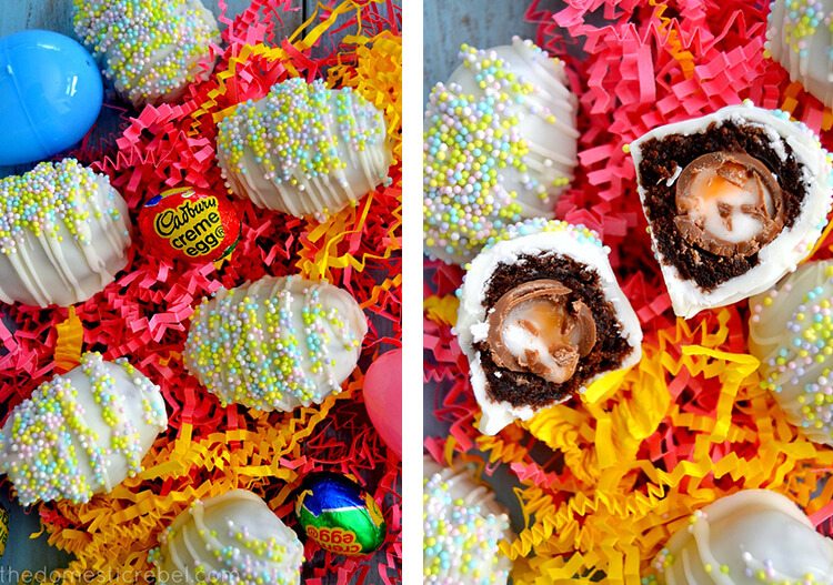 candy surrounded by brownie and frosting