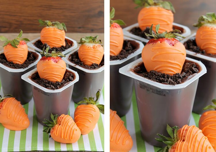 pudding and stawberries dipped in orange candy