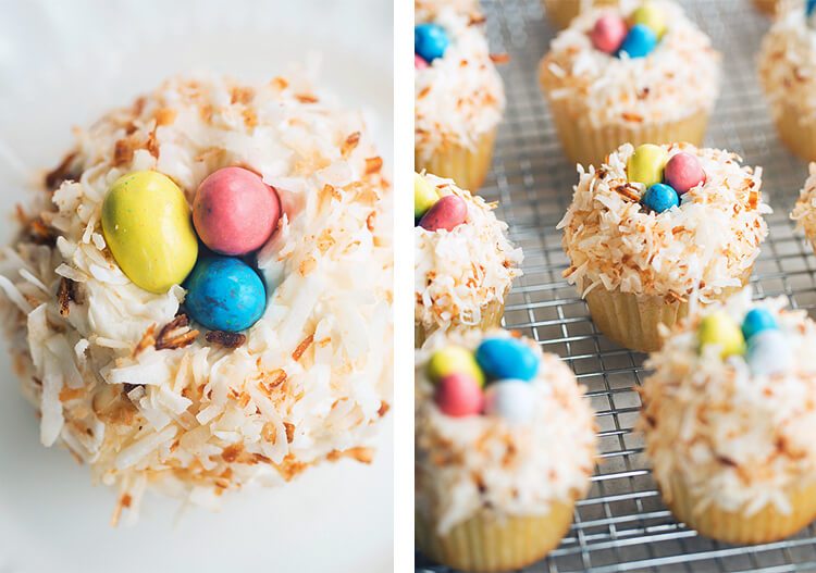 coconut cupcakes with toasted coconut and Easter egg candy