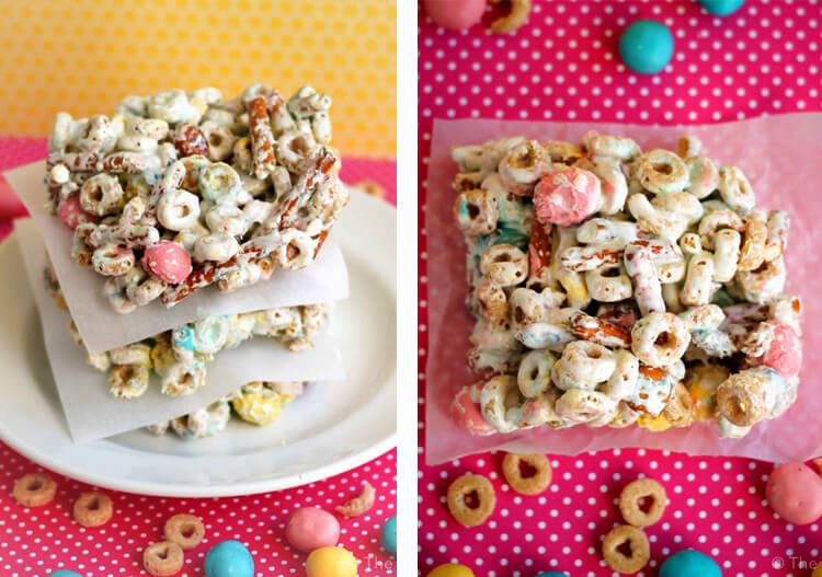 mixed cereal and candy-coated pretzel bars