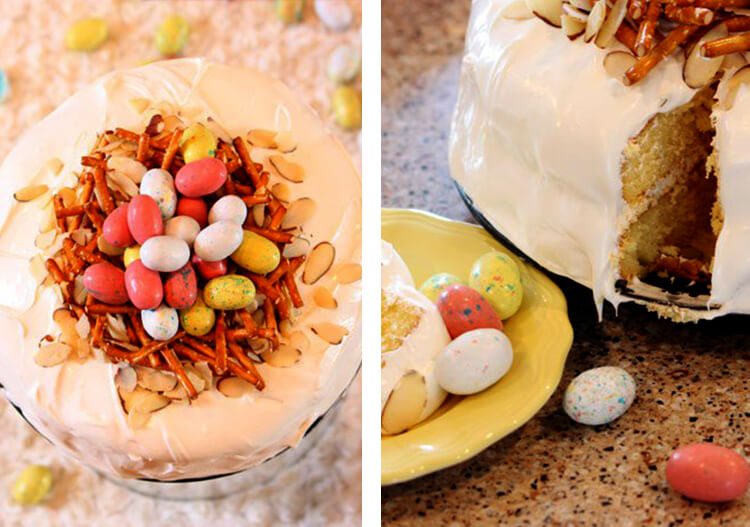 yellow cake with pretzel and Easter egg candy decoration