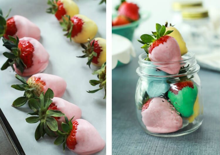 strawberries dipped in pastel-colored chocolate