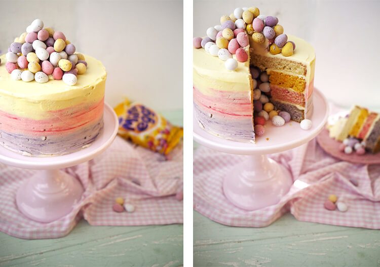 multi-layered cake with Easter egg candy in the center