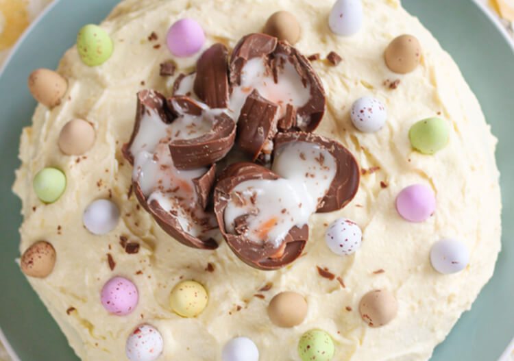 chocolate Easter cake with candy eggs on top