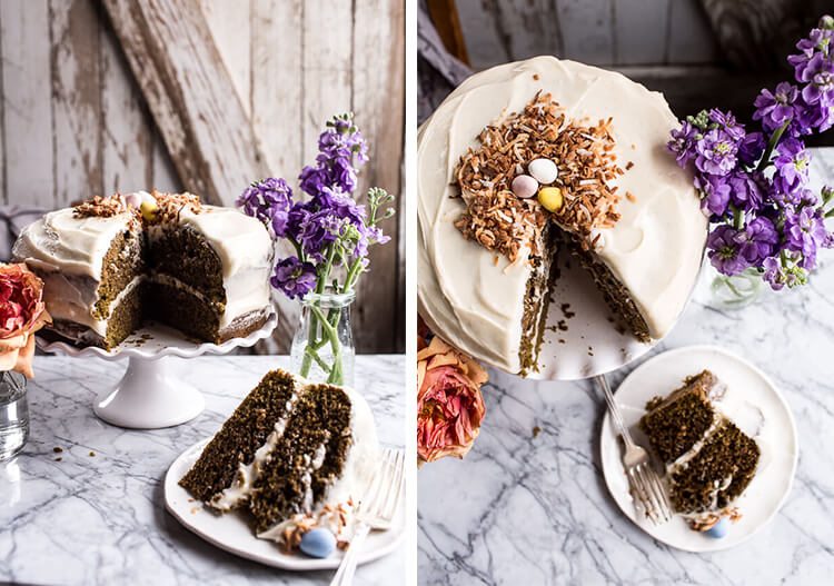 green tea cake with Easter egg candy topping
