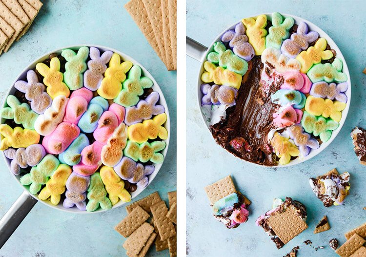 s'mores made with Peeps, chocolate, and peanut butter