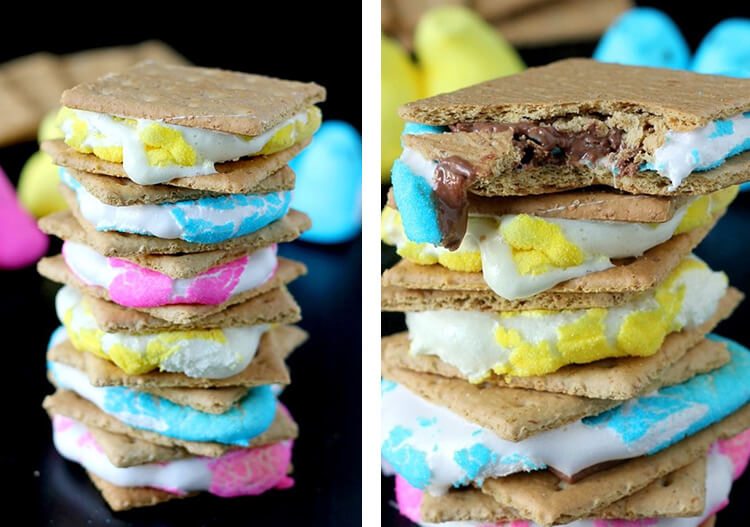 Peeps marshmallows with graham crackers and chocolate