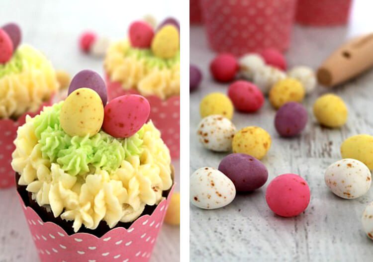 chocolate cupcakes with speckled Easter egg candies