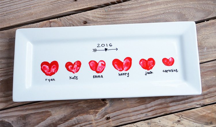 platter decorated with heart thumbprints in paint