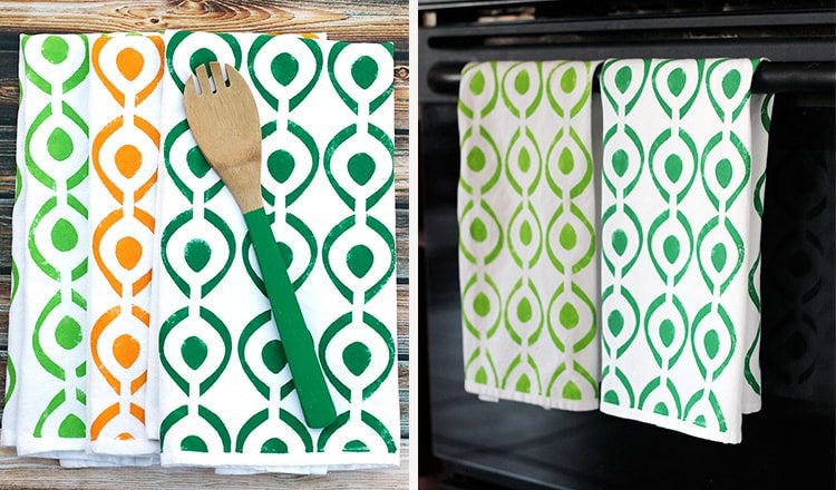 tea towels painted with stencil designs